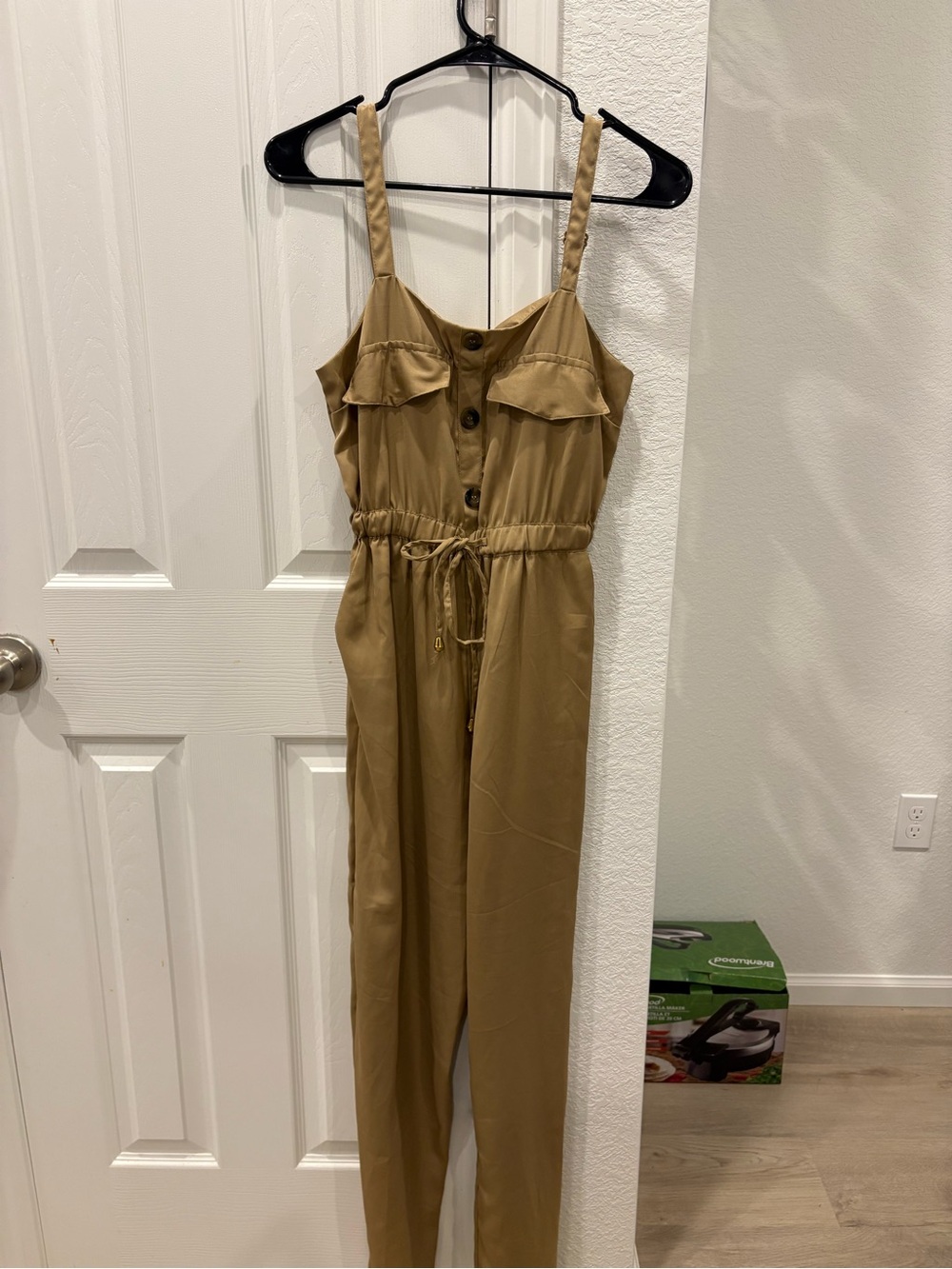 Blush Tan Sleeveless Button-Front Jumpsuit with Drawstring Waist
